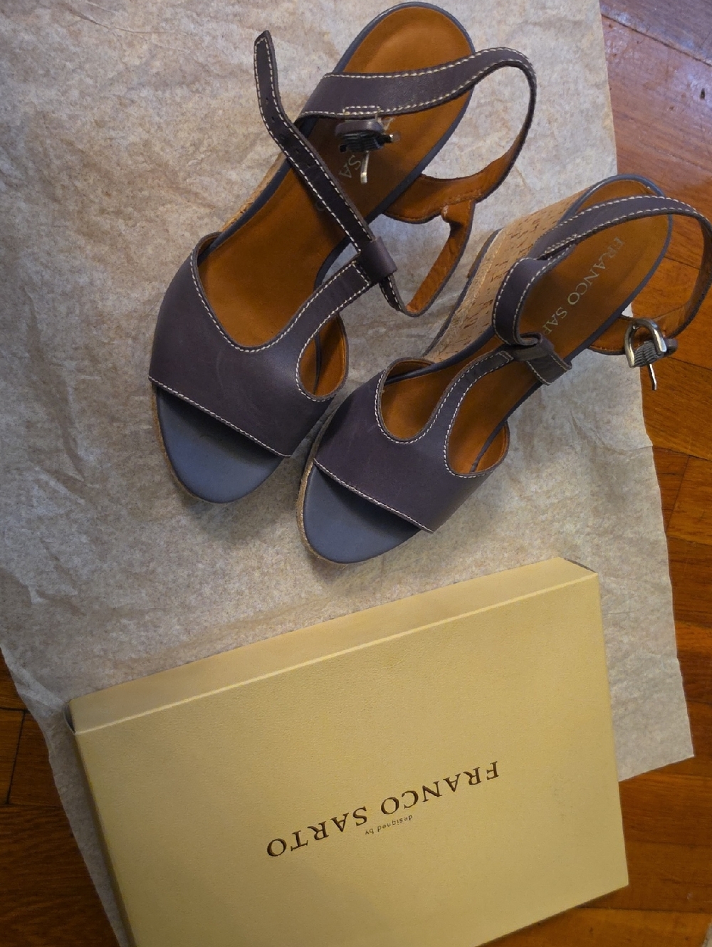 Franco Sarto Perrywinkle Blue/Purle Cork Wedge Sandals Size 9.5